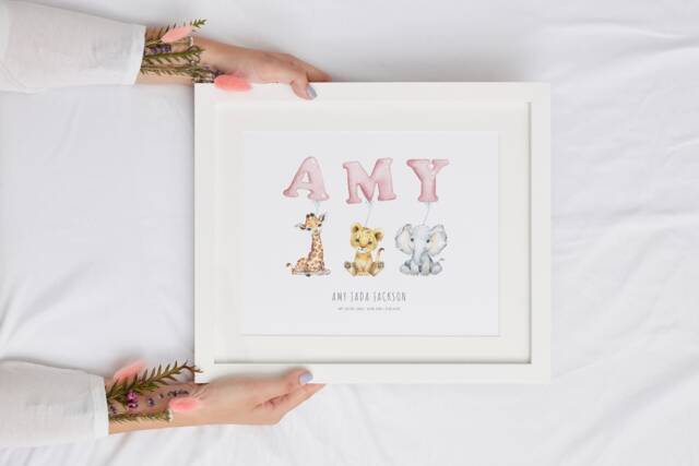 Personalized Safari Animal Nursery Print, Baby Name Balloon Art, Cp - image 1