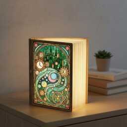 Steampunk Book Lamp, Fantasy Clockwork Castle Scene, Stained Glass Style Light, Led Foldable Magical Time Night Light - thumbnail 1