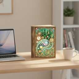 Steampunk Book Lamp, Fantasy Clockwork Castle Scene, Stained Glass Style Light, Led Foldable Magical Time Night Light - thumbnail 2
