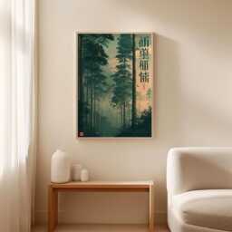 Japanese Cedar Forest Poster, Shrine Landscape Print, Nature Wall Art - thumbnail 3