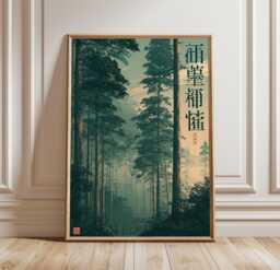 Japanese Cedar Forest Poster, Shrine Landscape Print, Nature Wall Art - thumbnail 1