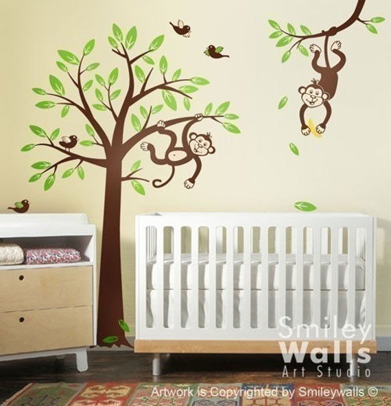 Monkeys Tree Wall Decal Children Nursery Vinyl Decal, Jungle Branch & Monkey Baby Room Decor, Kids Room Sticker - image 1