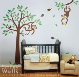 Monkeys Tree Wall Decal Children Nursery Vinyl Decal, Jungle Branch & Monkey Baby Room Decor, Kids Room Sticker - thumbnail 3