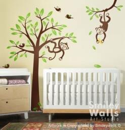 Monkeys Tree Wall Decal Children Nursery Vinyl Decal, Jungle Branch & Monkey Baby Room Decor, Kids Room Sticker - thumbnail 1