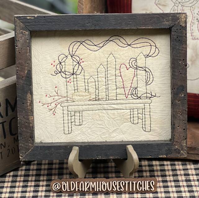 Gathering Bench Primitive Stitchery Framed Print - image 1