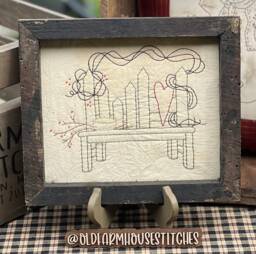 Gathering Bench Primitive Stitchery Framed Print - thumbnail 1