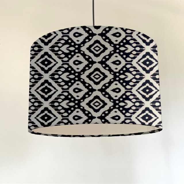 Dark Navy Geometric Cotton, Circular Drum Lampshade /Ceiling Shade, With A White Lining - image 1