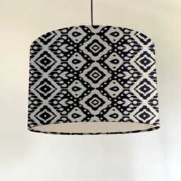 Dark Navy Geometric Cotton, Circular Drum Lampshade /Ceiling Shade, With A White Lining