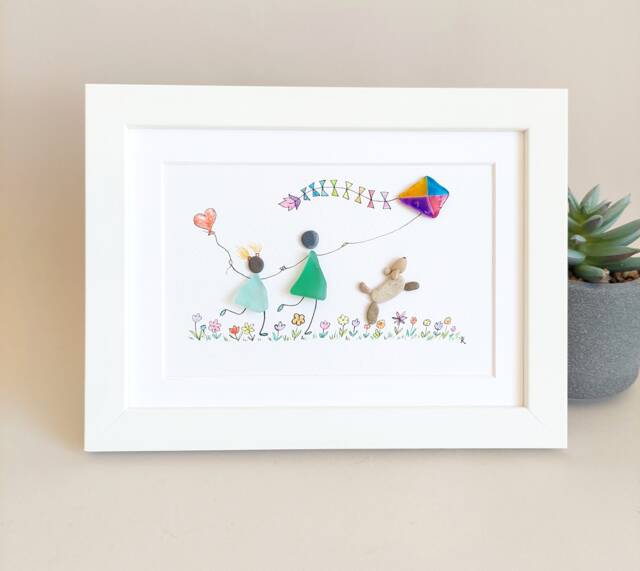 Sea Glass Girl, Mom & Pet, Pebble Art, Owner & Dog Lover Gift, Art Picture, Child Pet Ornament, Framed - image 1
