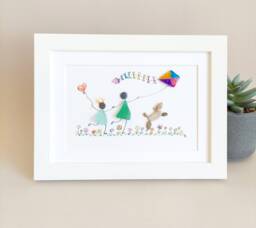 Sea Glass Girl, Mom & Pet, Pebble Art, Owner & Dog Lover Gift, Art Picture, Child Pet Ornament, Framed - thumbnail 1