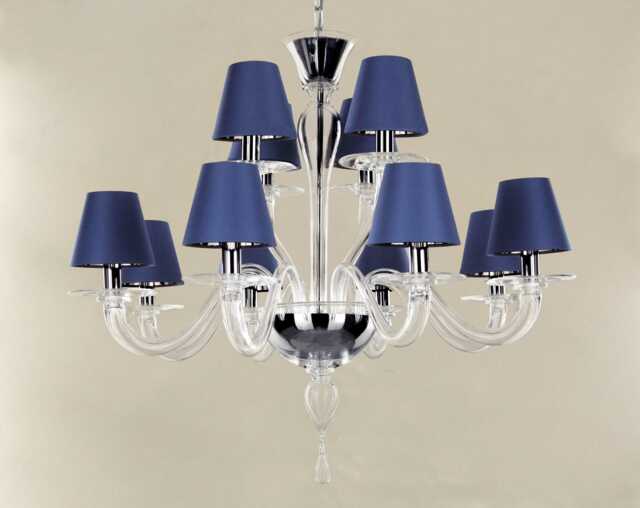 Hanging Lighting Venetian Chandelier Blue Silk Shades, Murano Glass - 12 Lights - image 1
