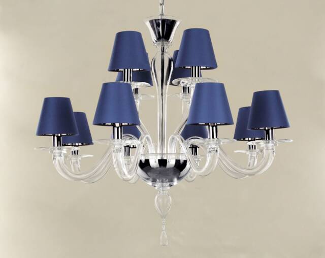 Handmade Pure Crystal Color Murano Glass Chandelier With Blue Lampshades, 12 Lights, Handmade Made in Italy - image 1