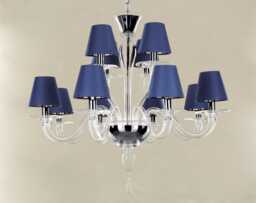 Hanging Lighting Venetian Chandelier Blue Silk Shades, Murano Glass - 12 Lights