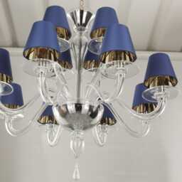 Hanging Lighting Venetian Chandelier Blue Silk Shades, Murano Glass - 12 Lights - thumbnail 2