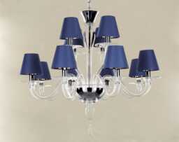 Hanging Lighting Venetian Chandelier Blue Silk Shades, Murano Glass - 12 Lights