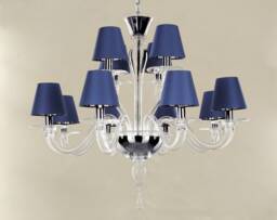 Handmade Pure Crystal Color Murano Glass Chandelier With Blue Lampshades, 12 Lights, Handmade Made in Italy - thumbnail 1