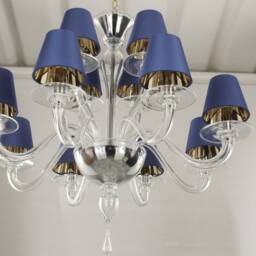 Handmade Pure Crystal Color Murano Glass Chandelier With Blue Lampshades, 12 Lights, Handmade Made in Italy - thumbnail 2