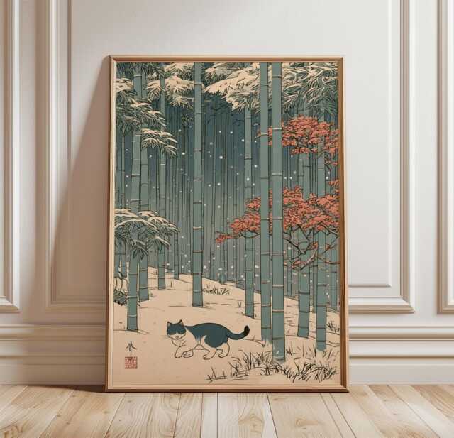 Cat Bamboo Forest Poster, Japanese Animal Print, Nature Wall Art - image 1