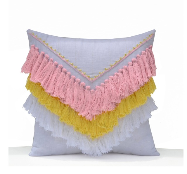 Pink Yellow Shaggy Pillow, Boho Pillow Cover, Geometric Decorative Tassel Pillow, Dorm Best Friend Gift, Gift For Her - image 1