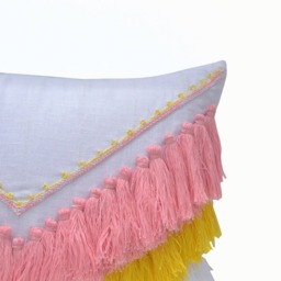 Pink Yellow Shaggy Pillow, Boho Pillow Cover, Geometric Decorative Tassel Pillow, Dorm Best Friend Gift, Gift For Her - thumbnail 2