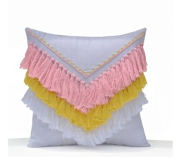 Pink Yellow Shaggy Pillow, Boho Pillow Cover, Geometric Decorative Tassel Pillow, Dorm Best Friend Gift, Gift For Her - thumbnail 1