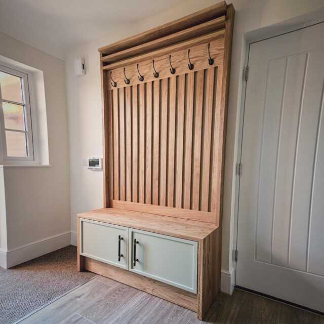 Oak Monks Bench - Entryway Shoe Storage & Coat Rack Seat, Custom Handmade Hallway Furniture - image 1