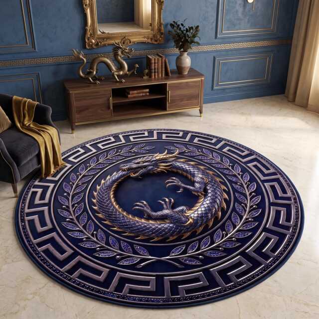 Gothic Greek Border Luxury Black Ouroboros Dragon Round Rug, Dark Fantasy Washable Gamer Mat - image 1
