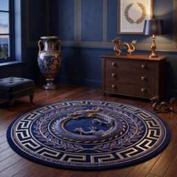 Gothic Greek Border Luxury Black Ouroboros Dragon Round Rug, Dark Fantasy Washable Gamer Mat - thumbnail 3