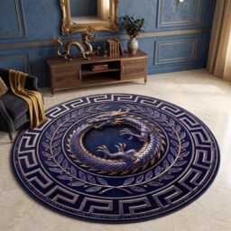Gothic Greek Border Luxury Black Ouroboros Dragon Round Rug, Dark Fantasy Washable Gamer Mat