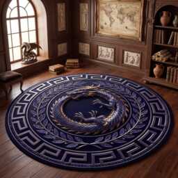 Gothic Greek Border Luxury Black Ouroboros Dragon Round Rug, Dark Fantasy Washable Gamer Mat - thumbnail 2
