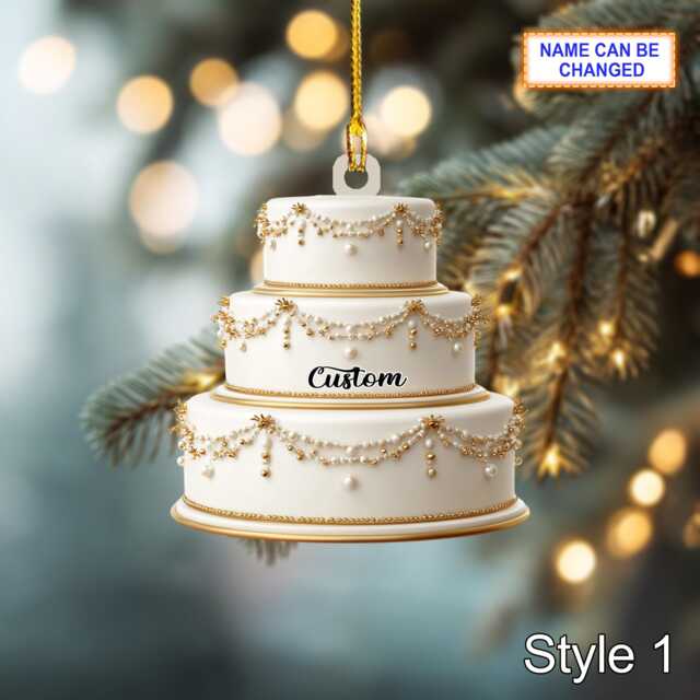 Personalized Wedding Cake Christmas Ornament, Custom Mr & Mrs Tree Hanging, First Married Xmas Ornament 2D Flat, Holiday Gift For Couple - image 1