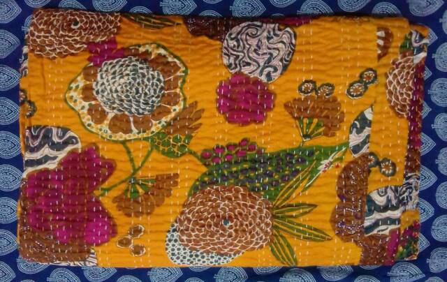 Yellow Bedspread Beautiful Floral Print New Indian Handmade Kantha Quilt Gudri Blanket, Coverlet Size Multiple - image 1