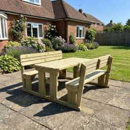Rounded Wooden Picnic Table & Bench Set With Backrests, The Alders Solid Wood Garden Dining Furniture 1-10 Seater