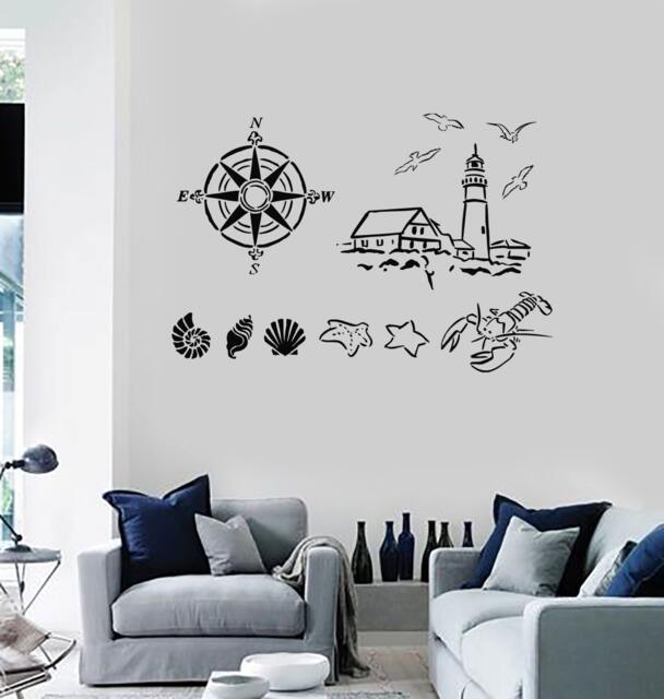 Wall Vinyl Decal Nautical Marine Sea Ocean Shell Compass Mural 2220Di - image 1