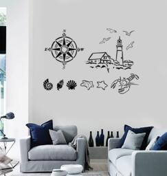 Wall Vinyl Decal Nautical Marine Sea Ocean Shell Compass Mural 2220Di - thumbnail 1