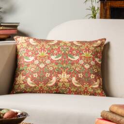 William Morris Strawberry Thief Printed Boudoir Cushion in Red. Vintage Arts & Crafts Botanical Floral Print. 17x12