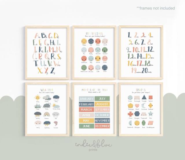 Set Of 6 Educational Prints, Alphabet & Numbers Playroom Decor, Classroom Kids Wall Art - image 1