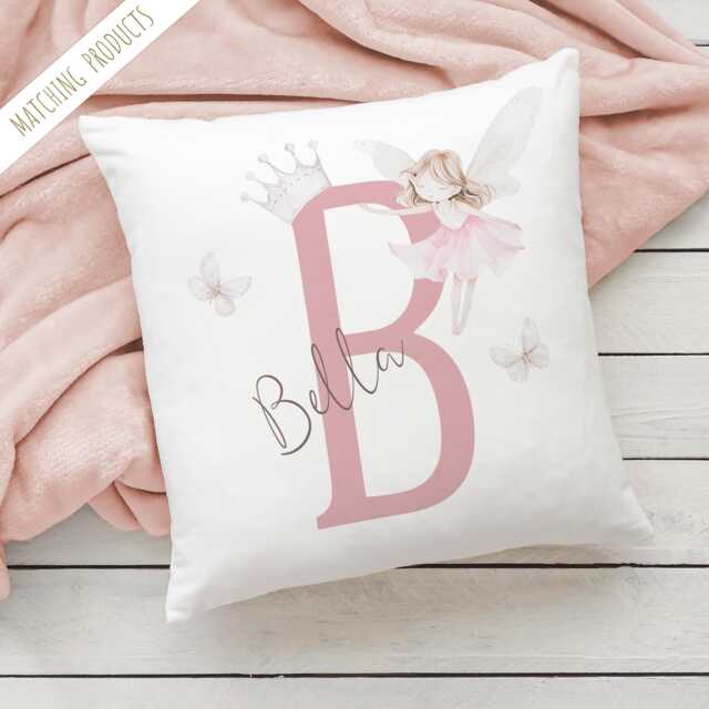 Personalised Pink Fairy Name Initial Cushion - Custom Birthday Gift Christening Baby Shower Baptism Memory Box Bd186 - image 1