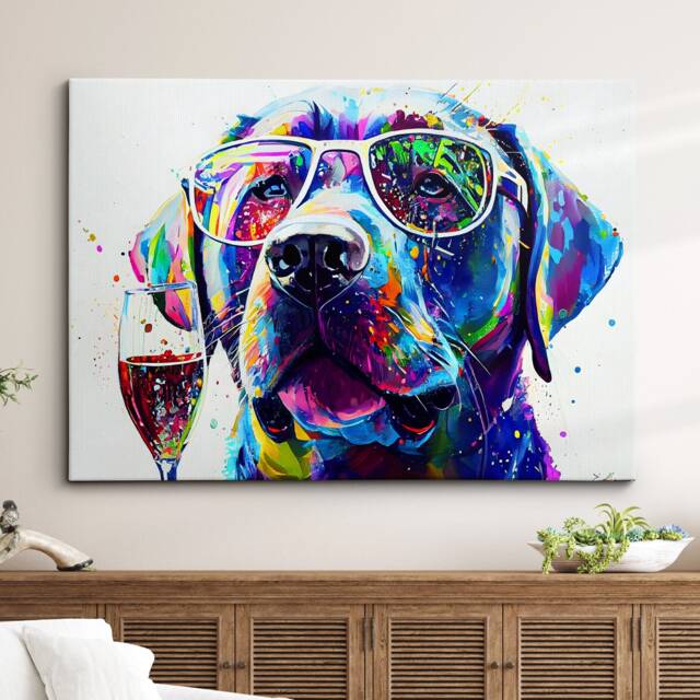 Labrador With Glasses Drinking Flute Glass Painting Splatter Wall Art, Framed Canvas Poster Print, Home Kitchen Office Room Decor, Gifts - image 1