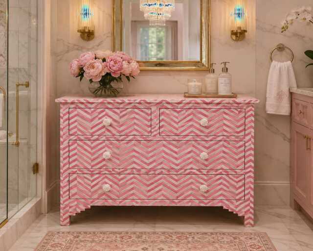 Designer Bone Inlay Dresser Pink Chevron Pattern Chest Of 4 Drawers - image 1