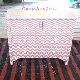 Designer Bone Inlay Dresser Pink Chevron Pattern Chest Of 4 Drawers - thumbnail 2