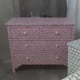 Designer Bone Inlay Dresser Pink Chevron Pattern Chest Of 4 Drawers - thumbnail 3
