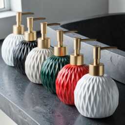 Round Ceramic Soap Dispenser Modern Minimalist Bathroom Accessory, Refillable Lotion Bottle - thumbnail 1