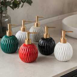Round Ceramic Soap Dispenser Modern Minimalist Bathroom Accessory, Refillable Lotion Bottle - thumbnail 4
