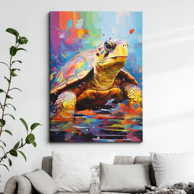 Colorful Turtle Animal Abstract Oil Painting Splatter Style Wall Art, Framed Canvas Poster Print, Home Kitchen Office Room Decor, Gifts - image 1