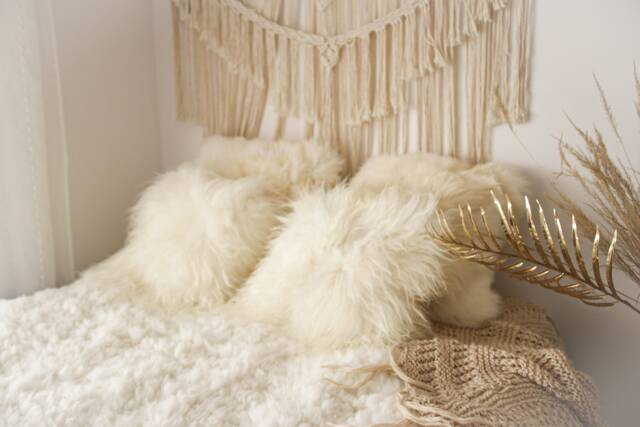 Beautiful Natural Creamy White Real Sheepskin Decorative Cushion Both Side Fur Scandinavian Style - image 1