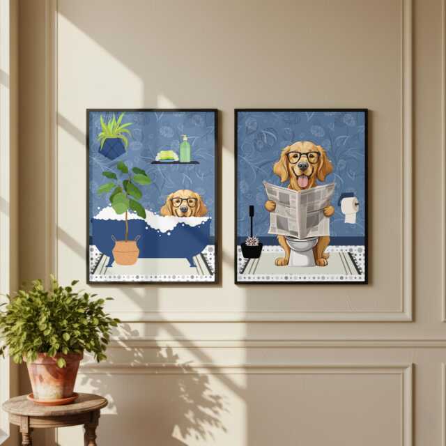 Golden Retriever Bathroom Prints, Bath & Toilet Art, Set Of Two Blue Goldie Prints. Funny Pet Portrait Glossy - image 1