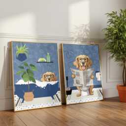 Golden Retriever Bathroom Prints, Bath & Toilet Art, Set Of Two Blue Goldie Prints. Funny Pet Portrait Glossy - thumbnail 2