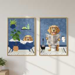 Golden Retriever Bathroom Prints, Bath & Toilet Art, Set Of Two Blue Goldie Prints. Funny Pet Portrait Glossy - thumbnail 3
