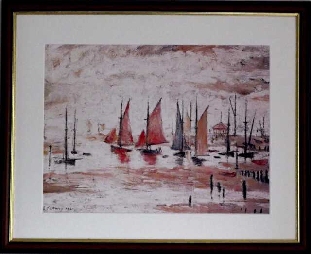 L.s. Lowry Art Print - Sail Boats Walnut Finish Frame With Mount & Textured Image - image 1